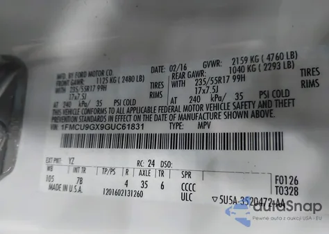 2016 Ford Escape Se z USA, uszkodzony, nr VIN 1FMCU9GX9GUC61831